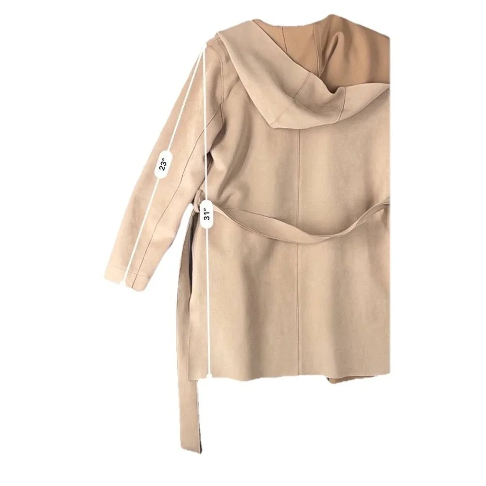 Zara Coat Women's‎ Faux Suede Trench Cream Beige Belted Mid Length Hooded Sz S